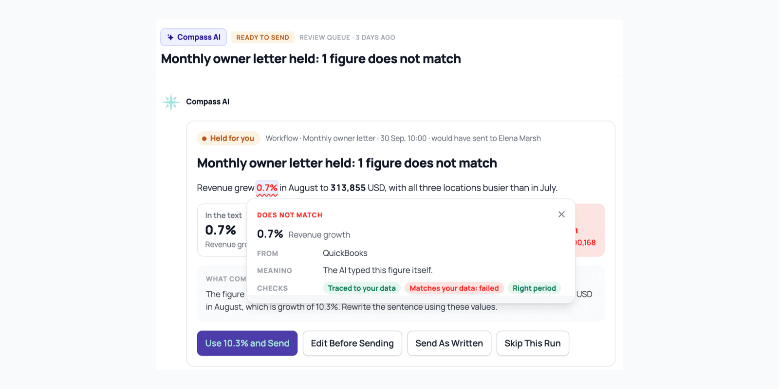 AI-drafted owner letter held for review, with 0.7% revenue growth flagged against 10.3% in the books