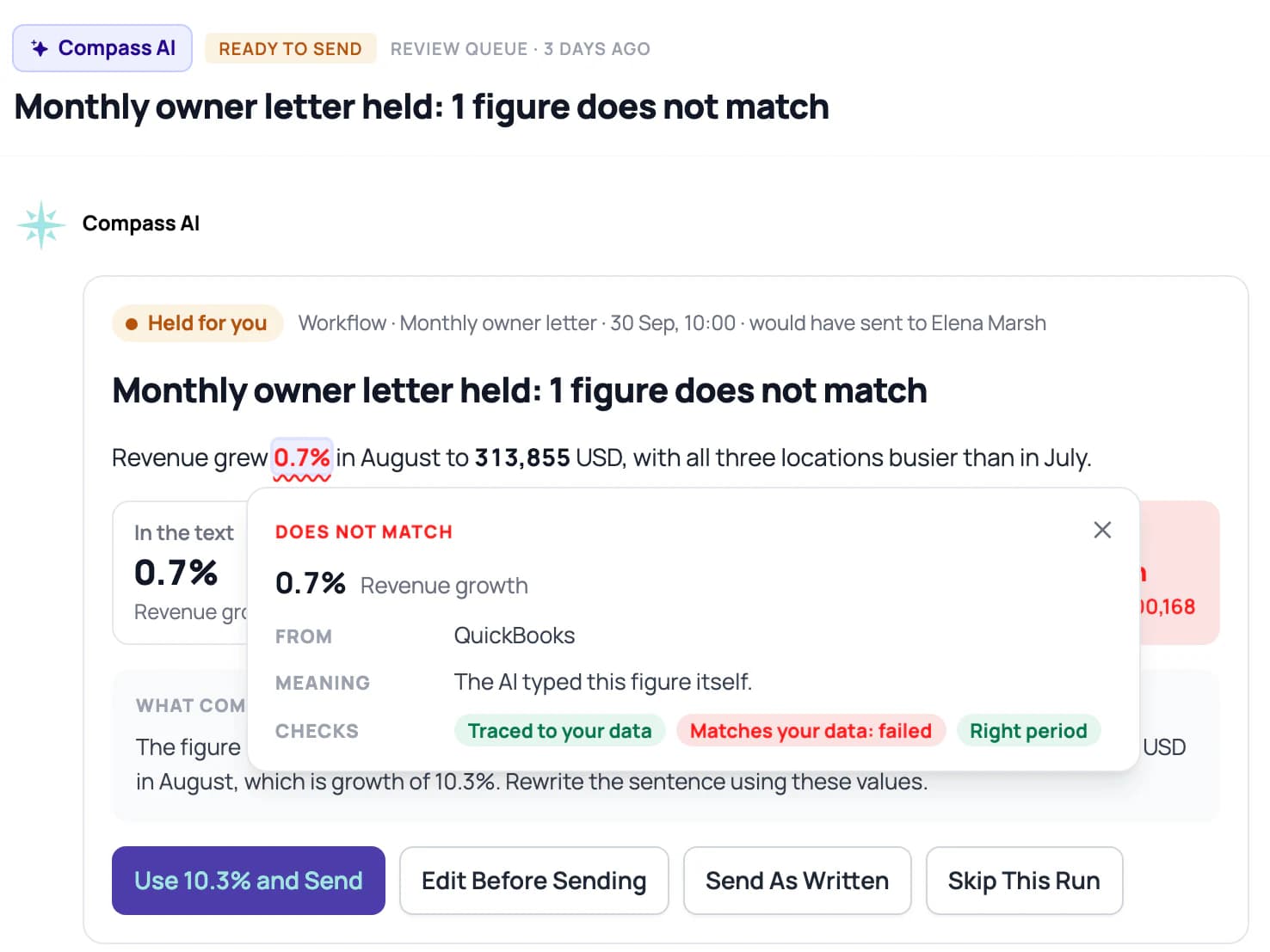 Check card on the 0.7% figure in the held owner letter: Does not match, revenue growth from QuickBooks, the AI typed this figure itself, checks Traced to your data, Matches your data failed and Right period