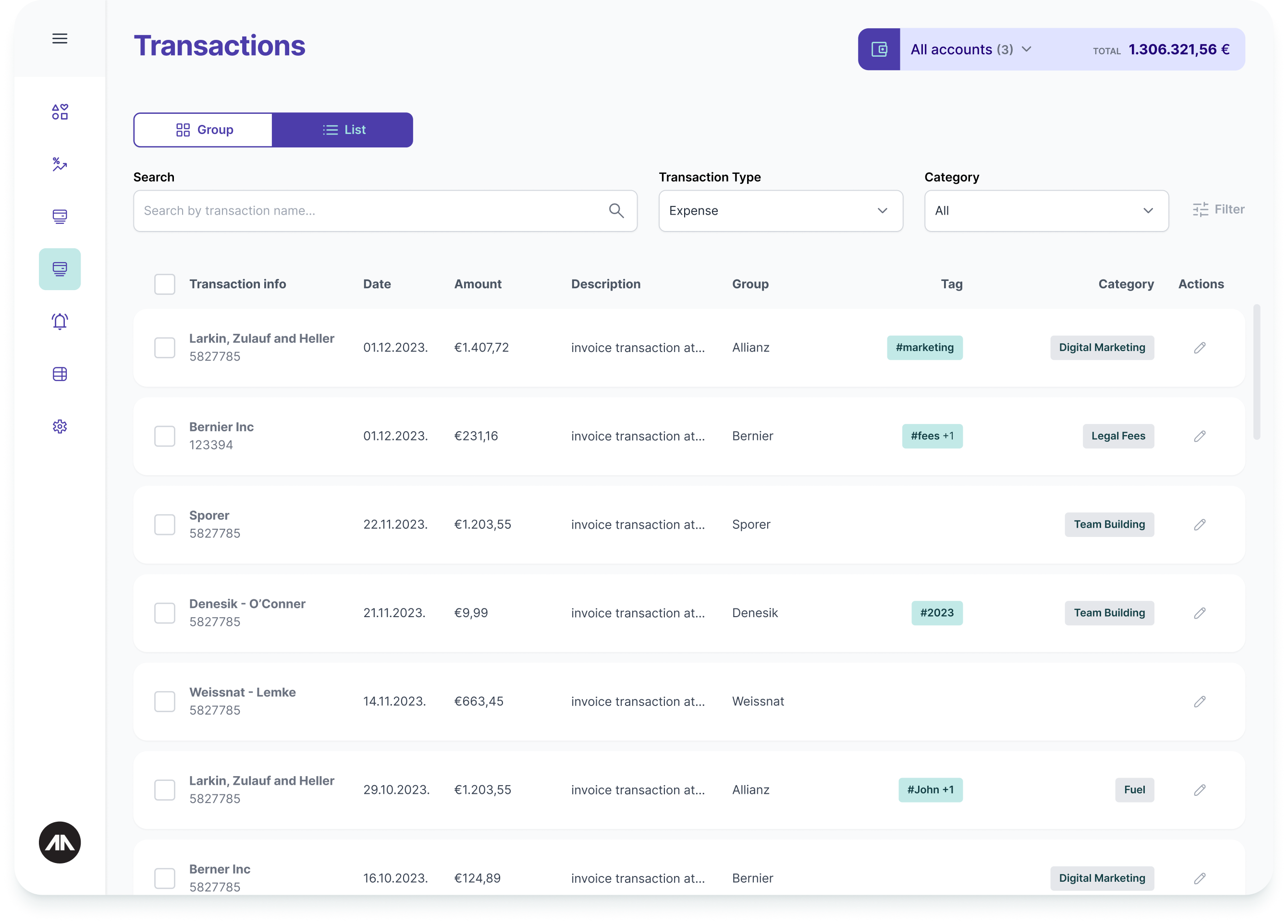 A financial software UI showing a "Transactions" list. Columns include "Transaction info," "Date," "Amount," "Description," "Group," "Tag," and "Category." Entries display transaction IDs, dates, amounts in euros, and associated tags (e.g., "Marketing," "Legal Fees"). The left sidebar has navigation icons, and the design features light colors with purple accents.